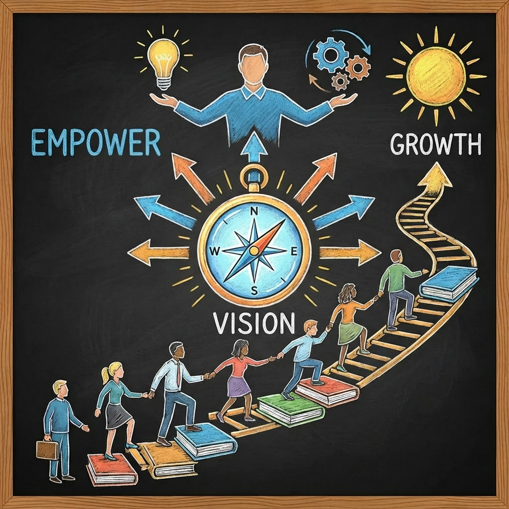 Chalkboard mural showing people climbing a staircase of books guided by a central compass vision.